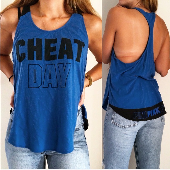 PINK Victoria's Secret Tops - VS Pink Cheat Day Blue Racerback Tank Top